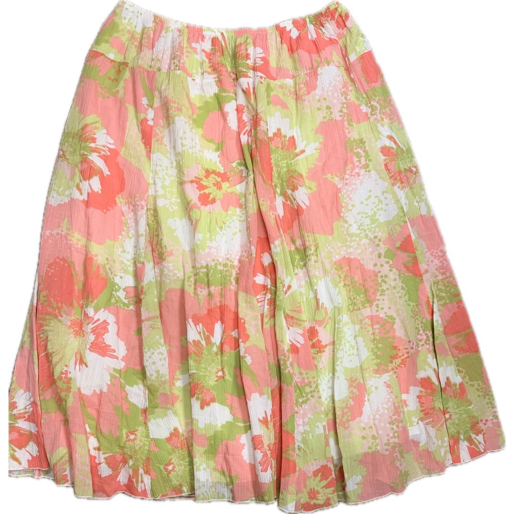 Ruby Rd Woman Floral Cotton Crinkle Gauze Midi Skirt Coral Green Plus Size 20W